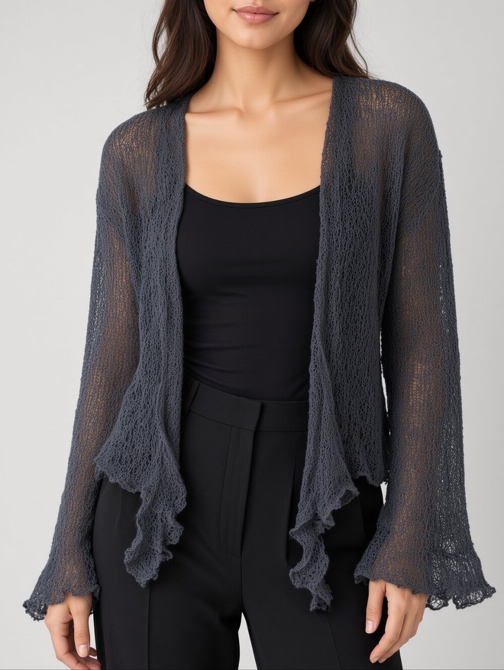 Charcoal Gray Open-Front Ruffle Knit Shrug - Back From Bali
